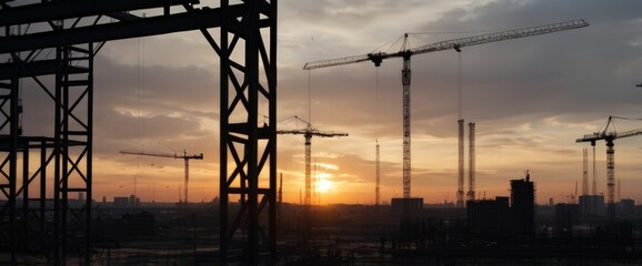 Silhouette of Engineer and worker on building site, construction site at sunset in evening time. Urban Construction Landscape, Ideal for architectural firms, construction companies, and real estate ag