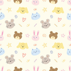 Cute face animal hand drawn doodle seamless pattern background for wallpaper and wrapping. Rabbit, bear, rat, dog and cat