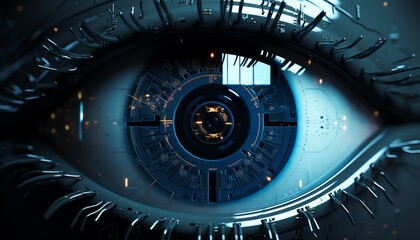 Close-up of a cybernetic eye with intricate blue details and technological elements, depicting the future of artificial intelligence.