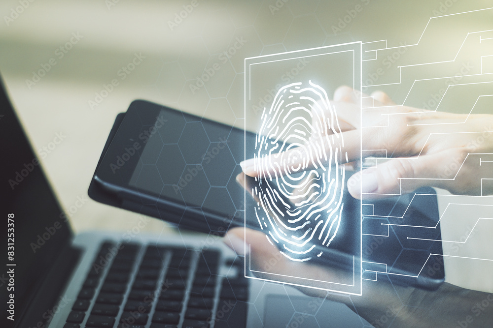 Poster multi exposure of abstract fingerprint scan interface and hand working with a digital tablet on back