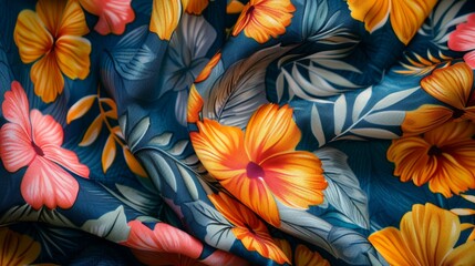 Vibrant floral fabric in close-up with colorful hibiscus and tropical leaves, showcasing detailed patterns and rich textures, perfect for textiles.