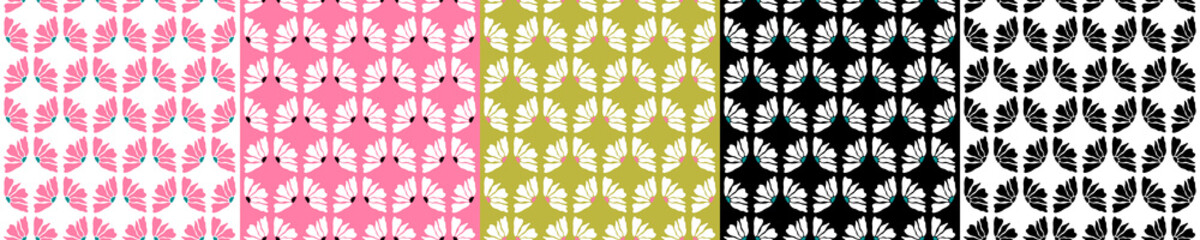 A set of simple floral patterns. Vector seamless pattern. Geometric print with flowers and plants. White background