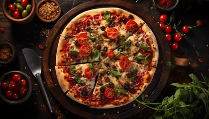 Delicious gourmet pizza on rustic wooden table, fresh tomatoes, basil, and olives, perfect for Italian cuisine lovers and food enthusiasts.