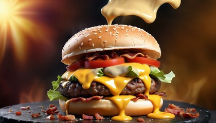 A close-up of a mouthwatering cheeseburger featuring melted cheese, crispy bacon, fresh lettuce, and ripe tomatoes. The golden sesame seed bun and the rich cheese sauce dripping down create a tempting