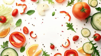 Composition of Moving Vegetables on White Background with Empty Space in the Center