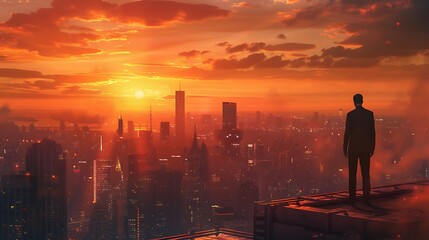 A sunset in a city skyline. The sky is painted with warm hues of orange and yellow, with the sun's rays shining brightly. The city skyline is a mix of tall buildings.