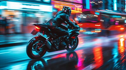 motorcycle, rider, city lights, night, motion blur, speed, urban, street, neon, wet road, reflection, biker, sports bike, helmet, fast, nightlife