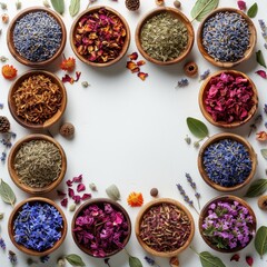 Borders of dried plants and herbal flowers are neatly arranged, with wooden bowls for aromatherapy etc. White background with space. Each bowl contains different types of plants