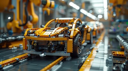 Fototapeta premium Automatic robot arm production line for electric vehicle production Advanced technology, construction automation, conveyor manufacturing industry