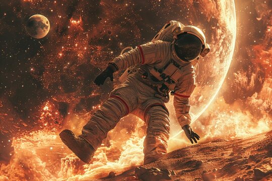 an astronaut breakdancing on Mars, performing a downrock and freezes Mars two moons are on the horizon There is red rock, stars, planets, and the galaxy