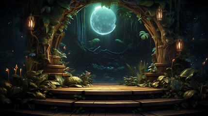 Mystical forest scene with a wooden archway, glowing lanterns, and a full moon, creating a magical and enchanting nighttime atmosphere.