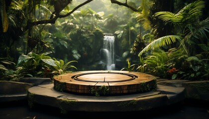 Fototapeta premium Mysterious ancient stone platform in a lush jungle setting with a waterfall in the background, surrounded by dense green foliage.