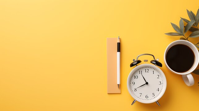 Overhead view of an alarm clock, coffee cup, plant, notepad, and pen on a yellow background, representing morning routine and time management.