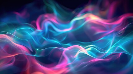 Dark abstract background with neon blur glow in blue, pink, and green, creating a defocused and illuminated soft texture