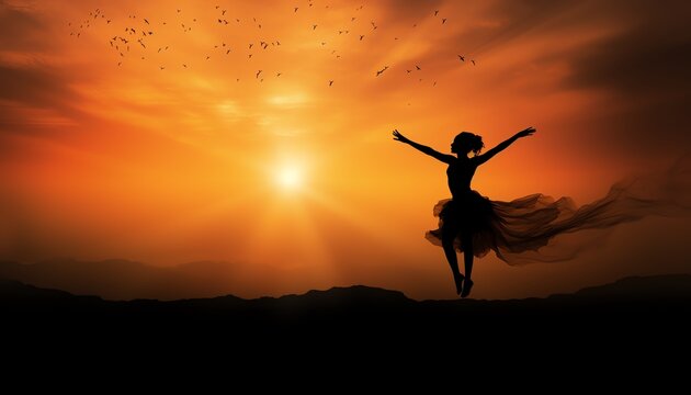 Silhouette of a dancer leaping joyously against a vibrant sunset sky, capturing the essence of freedom and joy in nature.