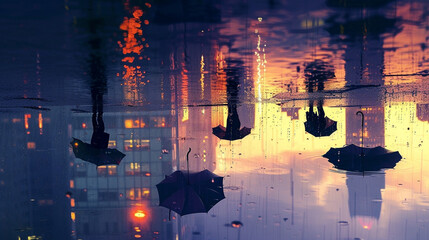 A cityscape reflected in a rain-soaked pavement, adorned with the silhouettes of umbrellas against the summer twilight.