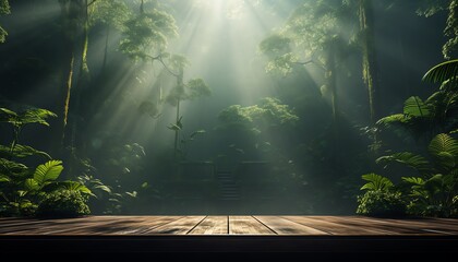 Sunlight filters through a lush, verdant forest, casting a serene glow on a wooden platform. Beautiful, tranquil nature scene.