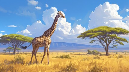 An African giraffe gracefully roams the wilds of Africa in this vividly realistic 2d illustration of African wildlife