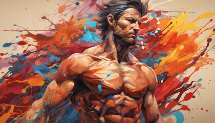 Vibrant digital art showcasing a muscular man with intense expression against a colorful, abstract background. Ideal for creative projects and designs.