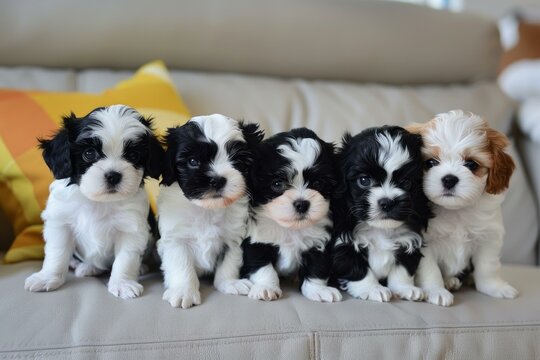 Five cute cavapoo puppies sitting together on a cozy couch with cushions