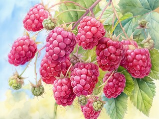 A painting of a bunch of red raspberries hanging from a tree. The painting is full of life and color, with the raspberries appearing to be ripe and ready to be picked
