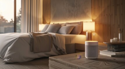 Stylish wireless speaker in a modern bedroom, with soft lighting and minimalist decor, emphasizing...