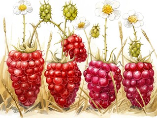 A painting of four red raspberries and a white flower