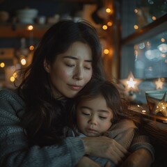 The scene of a loving woman hugging her child while crying at night looks sad. their emotional connection through facial expressions and body language. Mother's Day