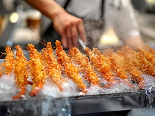 A man is cooking shrimp on a grill. The shrimp are being cooked in a pan with hot oil