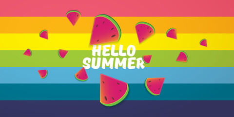 Vector Hello Summer Beach Party horizontal banner Design template with fresh watermelon slice isolated on rainbow background. Hello summer concept label or poster with fruit and typographic text.