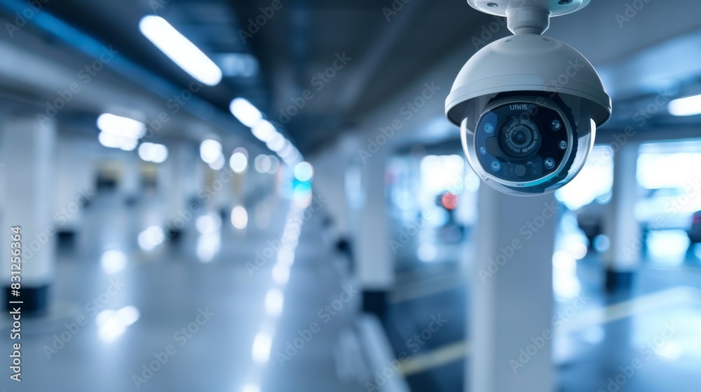 Poster Surveillance camera installed on a ceiling corner, overlooking a parking lot, providing round-the-clock monitoring and deterrence against theft and vandalism