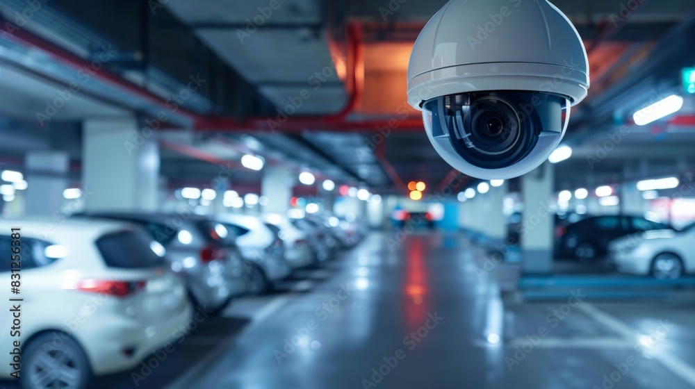 Poster surveillance camera installed on a ceiling corner, overlooking a parking lot, providing round-the-cl