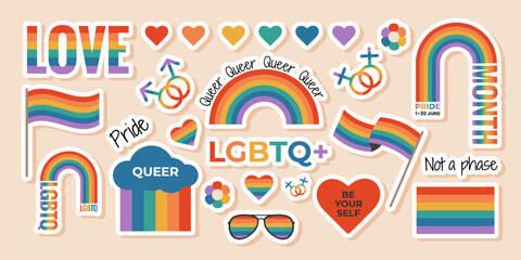 Set of LGBTQ sticker with rainbow flag elements, gender signs, pride month symbols, slogan and phrases. Gay parade celebration. Vector illustration