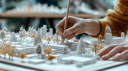 A person is creating an architectural model of a city using miniatures. The features a series of buildings, some of which armodel e connected by streets. The person is working on the model.