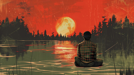 A man sits cross-legged by a lake, watching the sunset with a large red sun in the background, creating a peaceful and reflective scene.