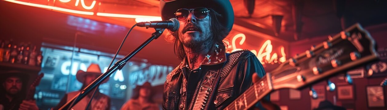 Electric rodeo tunes Neon cowboy with glowing strings in dark dive bar