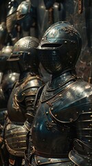 Enchanted armor standing in a hall of heroes, each piece telling tales of legendary battles and fallen warriors