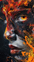 Face painted with streaks of fire, depicting the inner emotional inferno, Abstract art,
