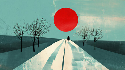 A solitary figure walks down a path towards a large red sun, surrounded by bare trees and a surreal landscape in a minimalist style.