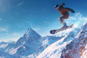 Dynamic Shot of Snowboarder Performing Mid-Air Trick Against Clear Blue Sky