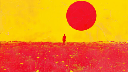 A person stands in a vibrant field with a large red sun in the background, creating a bold and dramatic contrast in colors and emotions.