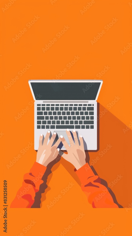 Poster top view illustration of hands typing on a laptop keyboard against an orange background. symbolizes 