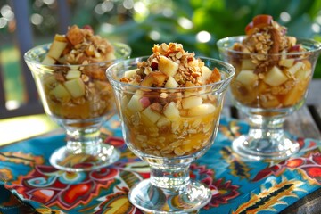 Fresh fruit salad with homemade granola in glass cups