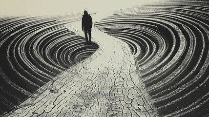 A lone figure walking on a winding, textured path surrounded by abstract circular patterns, giving a sense of journey and mystery.