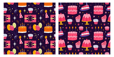 Set of birthday-themed seamless vector patterns with illustrations of different festive elements cake and candles, cat, gift box, present, party hat for wrapping paper design, greetings cards