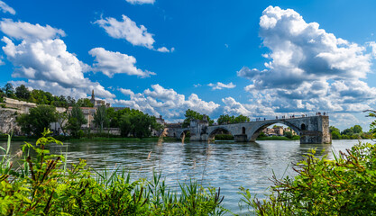 Panorama of Avignon with the Saint Benezet bridge over the Rhone river, in Vaucluse, in Provence,...