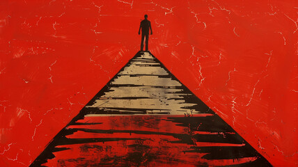 A silhouette of a person standing on a textured pathway leading to the horizon, set against a striking red background.