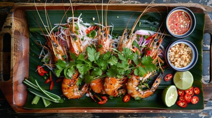 Traditional Thai som tam salad served on a banana leaf, accompanied by grilled prawns and aromatic herbs, offering a delightful blend of textures and flavors