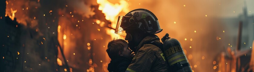 Firefighter rescuing a child from a burning building, side view, illustrating bravery and compassion, futuristic tone, Vivid