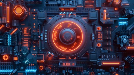 Firewall system with holographic interfaces, top view, demonstrating cuttingedge technology, technology tone, Splitcomplementary color scheme